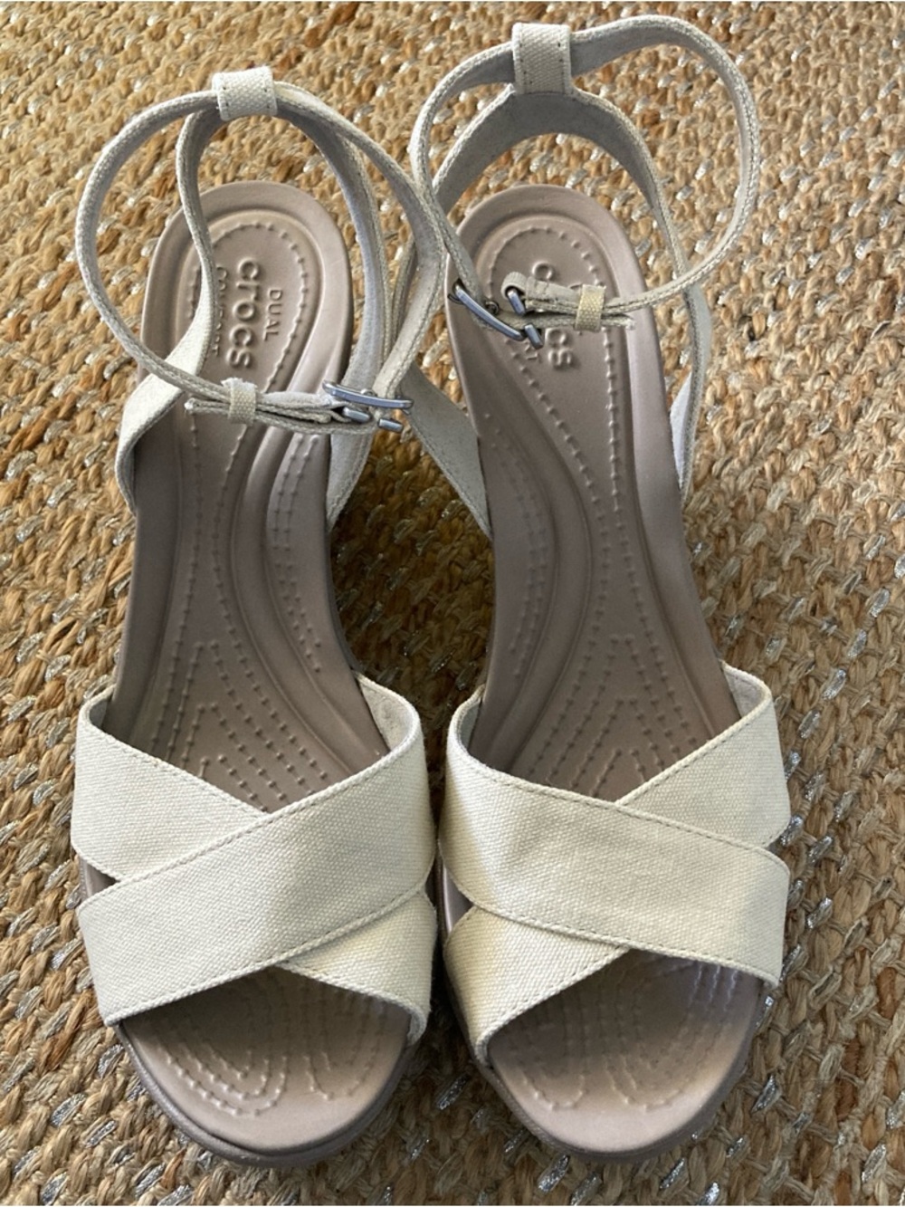 Crocs Leigh II Cross Strap Wedge Sandals Womens Beige Canvas Oatmeal Size 10